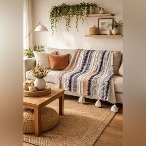 Striped Tassel Throw Blanket in Cream, Blue & Tan